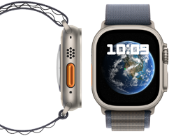 Front and side view of the new carbon neutral Apple Watch Ultra 2
