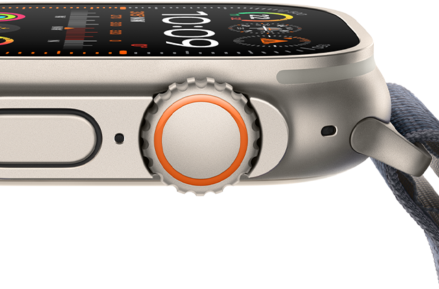 Apple Watch Ultra 2 showing rugged titanium case, flat display, digital crown and side button